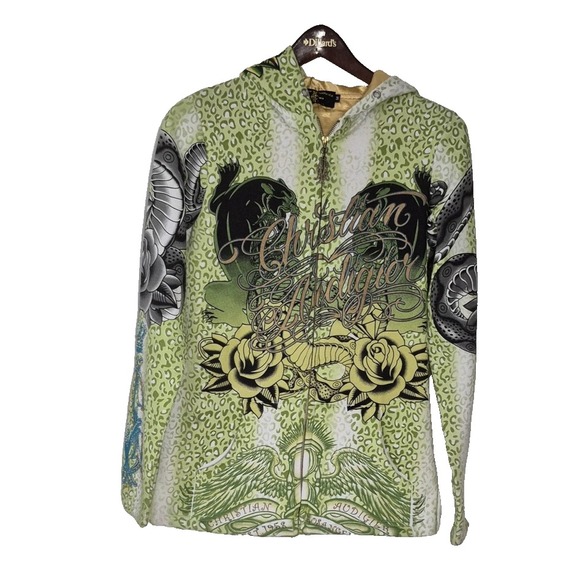 Christian Audigier Jackets & Blazers - Christian Audigier Hoodie Women M Green Tattoo Graphic Rhinestone Detail USA VTG